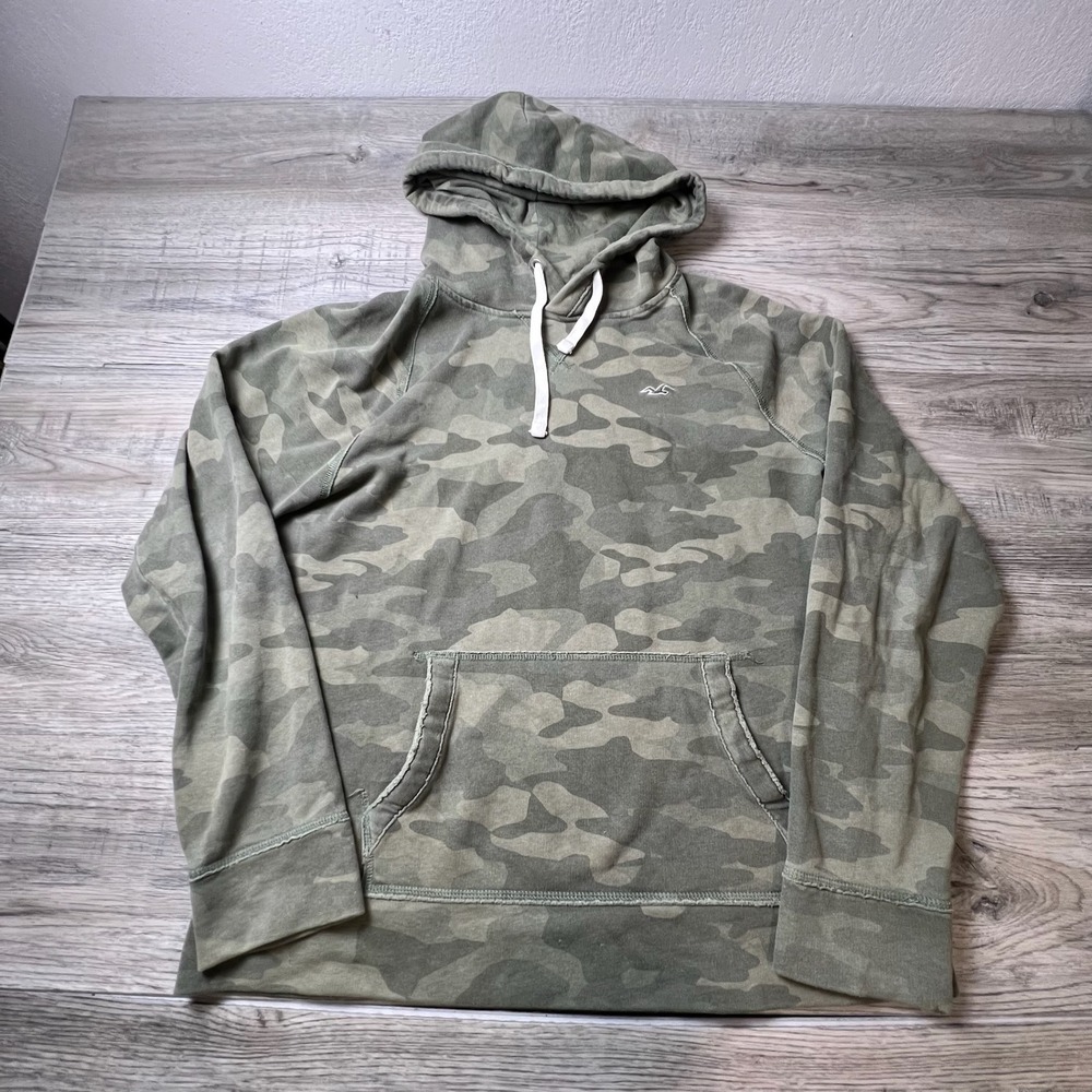 Hollister Hoodie Mens Large Green Pullover Fleece Raglan Camouflage Sweatshirt